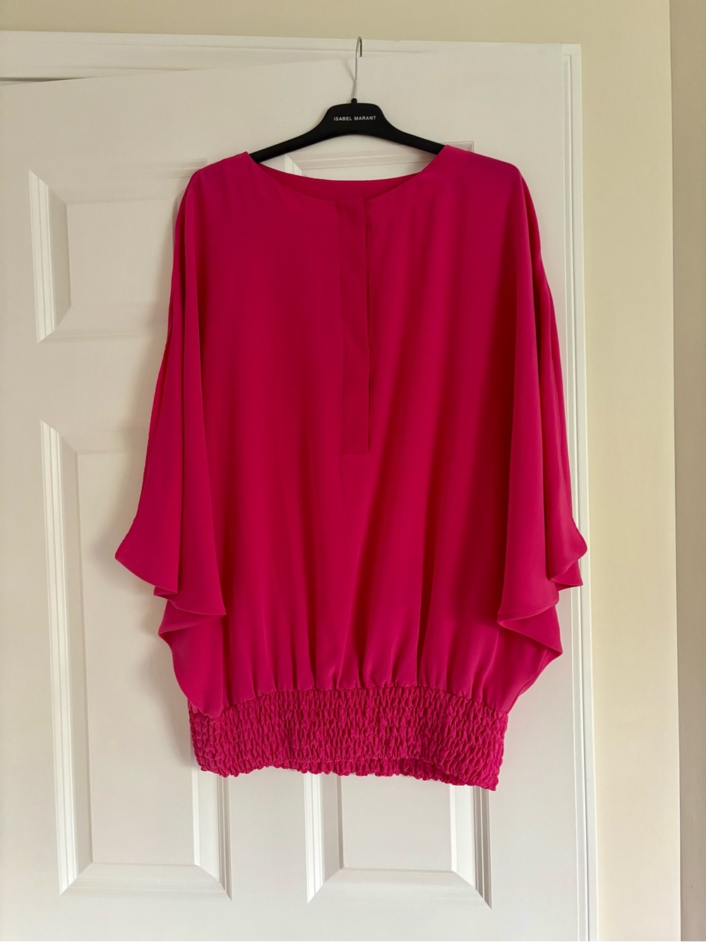 Akris Fuchsia silk Batwing Sleeve Blouse with Smocked Hem. New